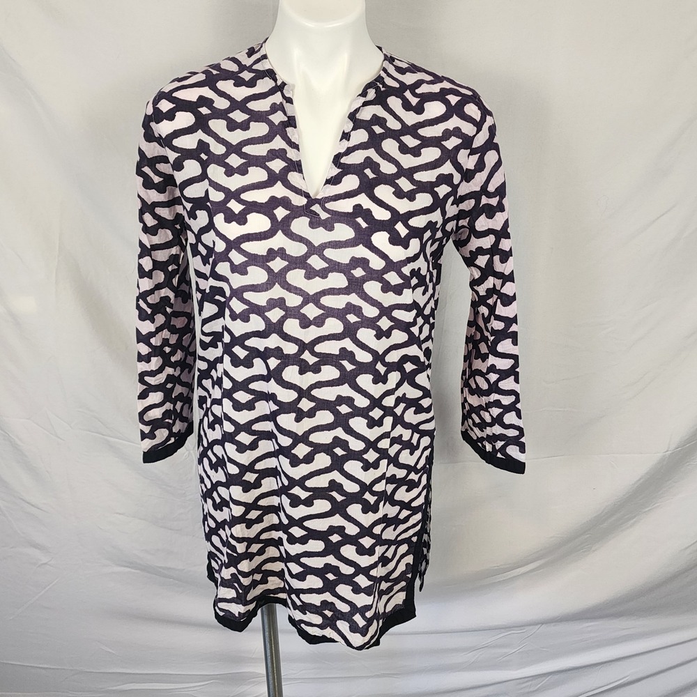 Robert Roller Rabbit 100% Cotton Blue‎ White Patterned Tunic Dress Women Small